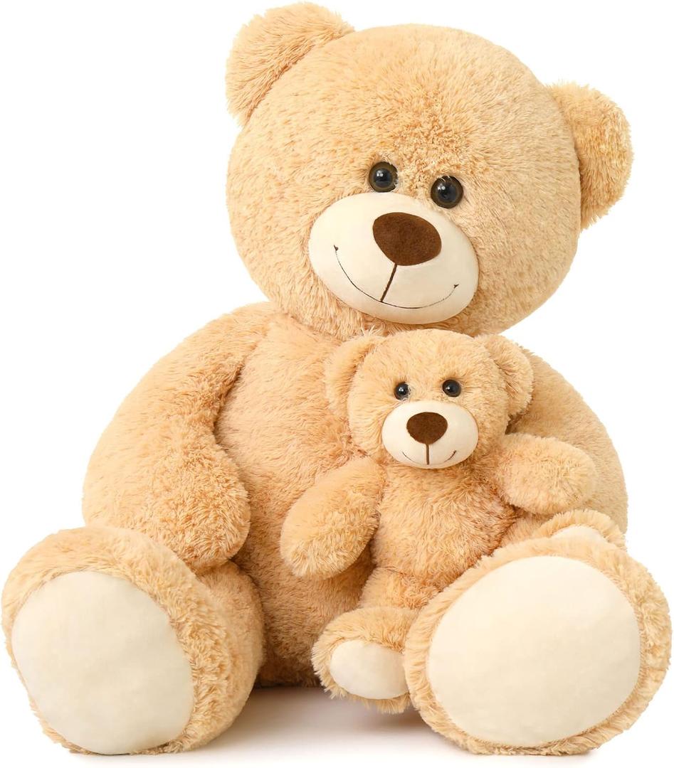 Muiteiur 39 Inch Giant Teddy Bear, Fun Mom Bear Plush with Attached Baby, Large Soft Plush Toy Gift for Kids Girlfriend Boy (Light Brown)
