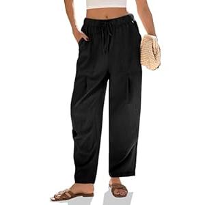 Cicy Bell Womens Beach Harem Pants Baggy Wide Leg Drawstring Summer Linen Palazzo Pants with Pockets (Medium, Black)