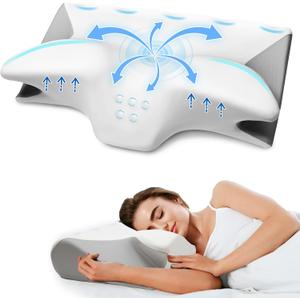 Cervical Pillow for Neck Pain Relief, Cooling Contour Memory Foam Pillows Support Odorless Ergonomic Neck Pillow Adjustable Orthopedic Bed Pillow for Side Back Stomach Sleeper with Pillowcase DS