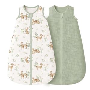 Konssy Muslin Baby Sleep Sack 0-6 Months 0.8 TOG, 2 Pack 100% Cotton Wearable Blanket for Babies, 2-Way Zipper Breathable Sleeping Sack Infant Toddler Essentials for Girls and Boys (Woodland,Sage) (Small)