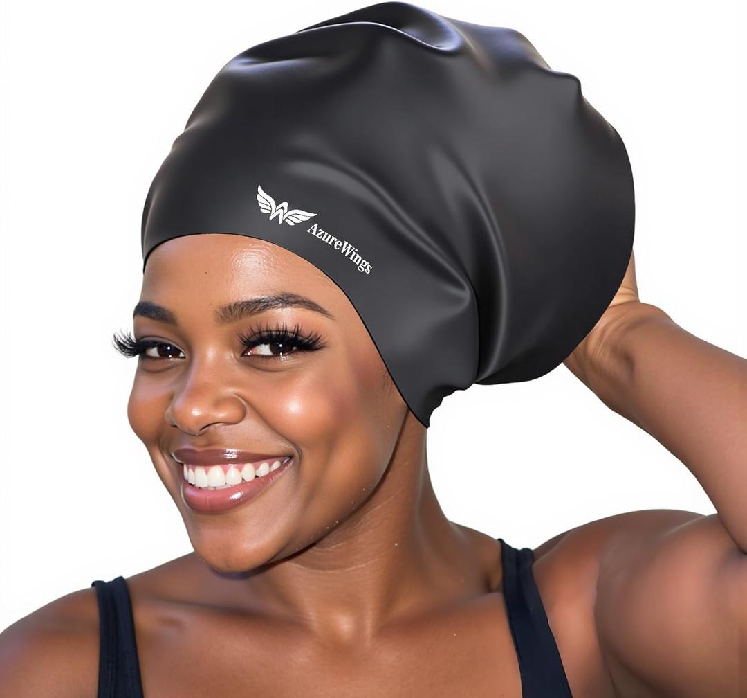 Extra Large Swim Cap for Adult Women Men - Swim Cap for Long Hair, Braids, Dreadlocks, Weaves, Curls & Afros - Black Silicone Swimming Cap, Gifts for Swimmers
