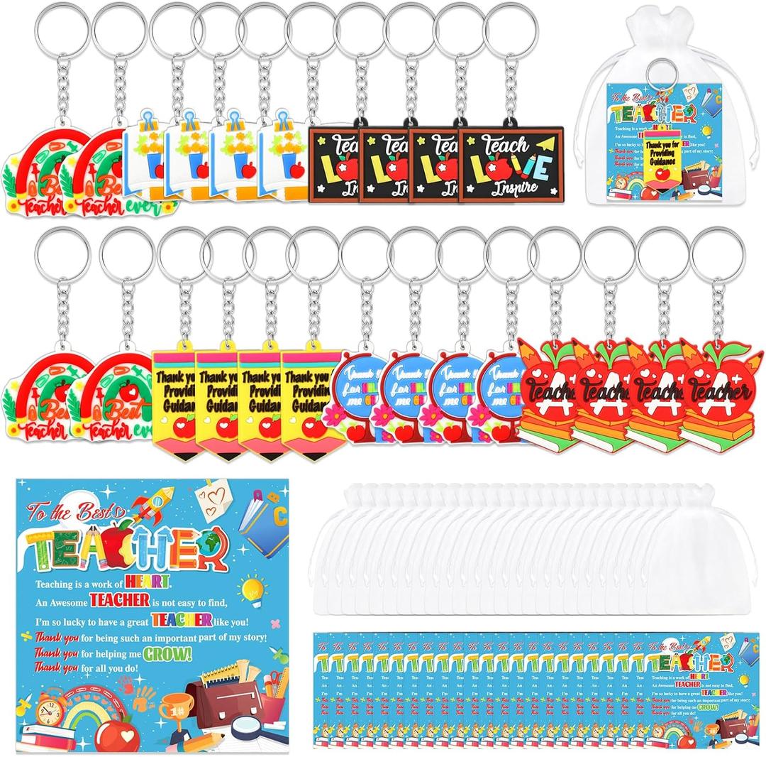 HOWAF 72 Pack Teacher Appreciation Gift Bulk, 24 Thank You Teacher Gift Card 24 Thank You Teacher Key Chain with Bags, Teachers Day Graduation End of School Year Christmas Gift for Teacher