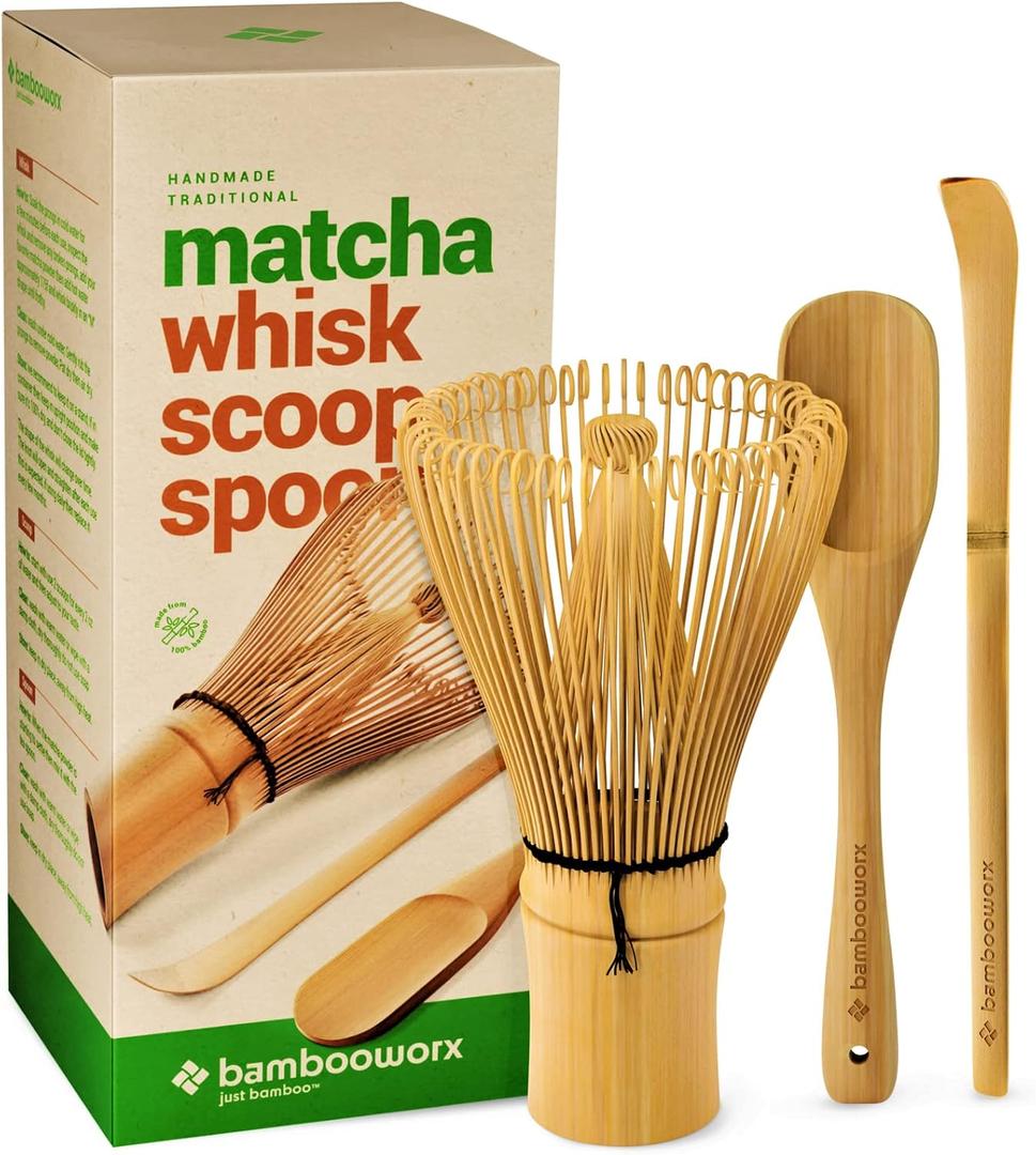 BambooWorx Matcha Whisk Set - (Chasen), Traditional Scoop (Chashaku), Tea Spoon. The Perfect Sets to Prepare a Traditional Cup of Japanese Tea, Handmade from 100% Natural Bamboo