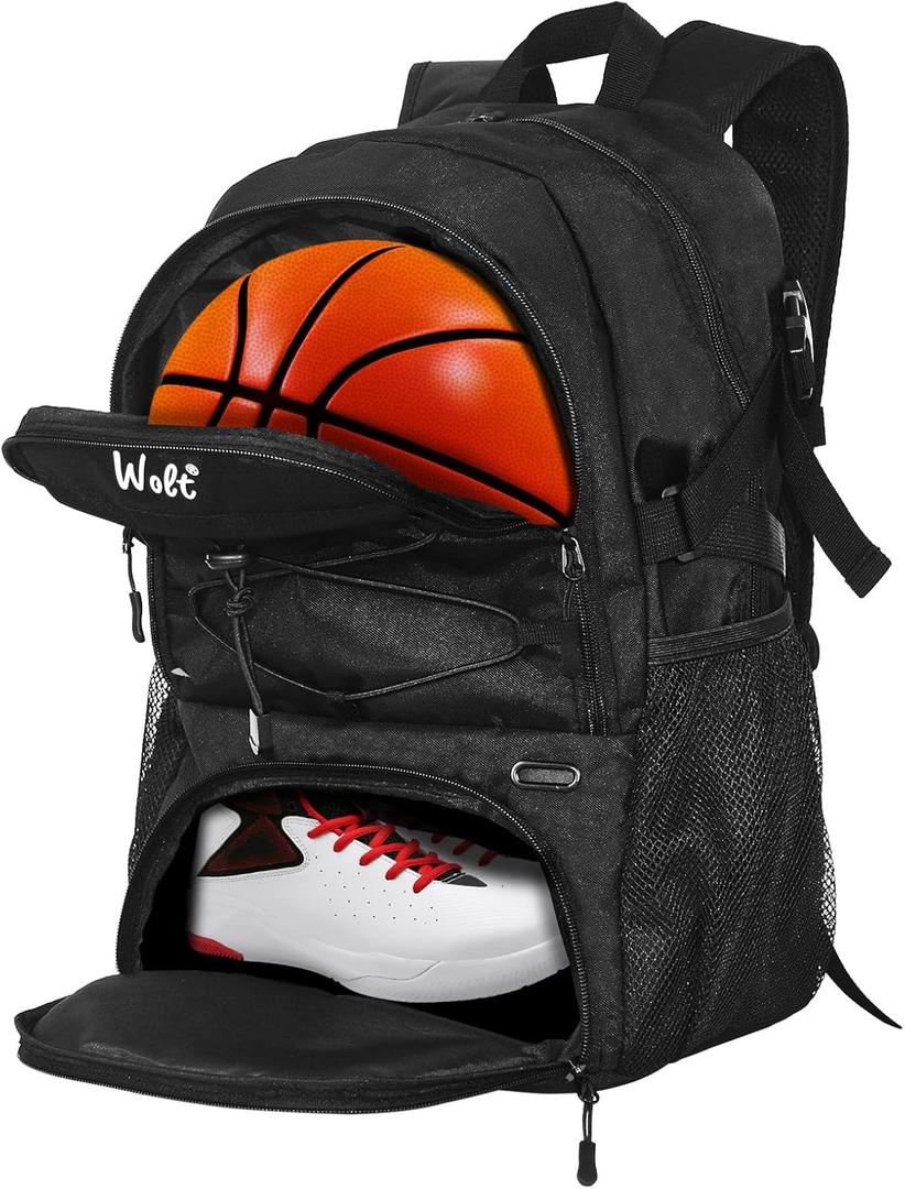 WOLT Basketball Backpack Large Sports Bag with Separate Ball Holder & Shoes Compartment, Best for Basketball, Soccer, Gym (Black)