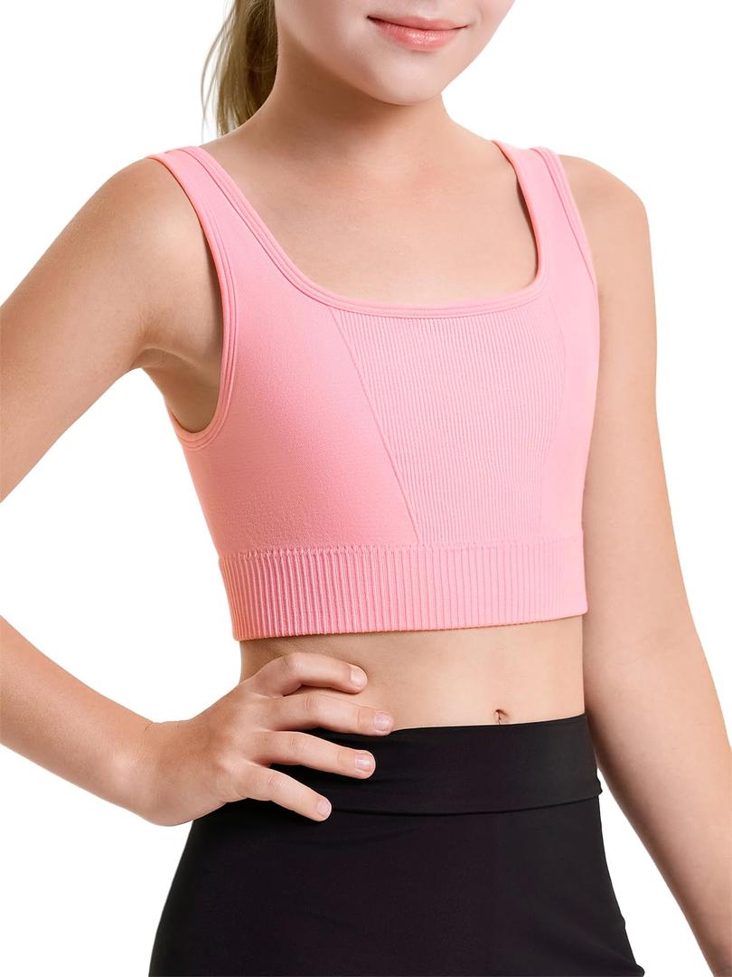Haloumoning Girls Training Bra Sports Bra Kids Athletic Seamless Ribbed Stretchy Crop Tops Dance Yoga 5-14 Years Pink