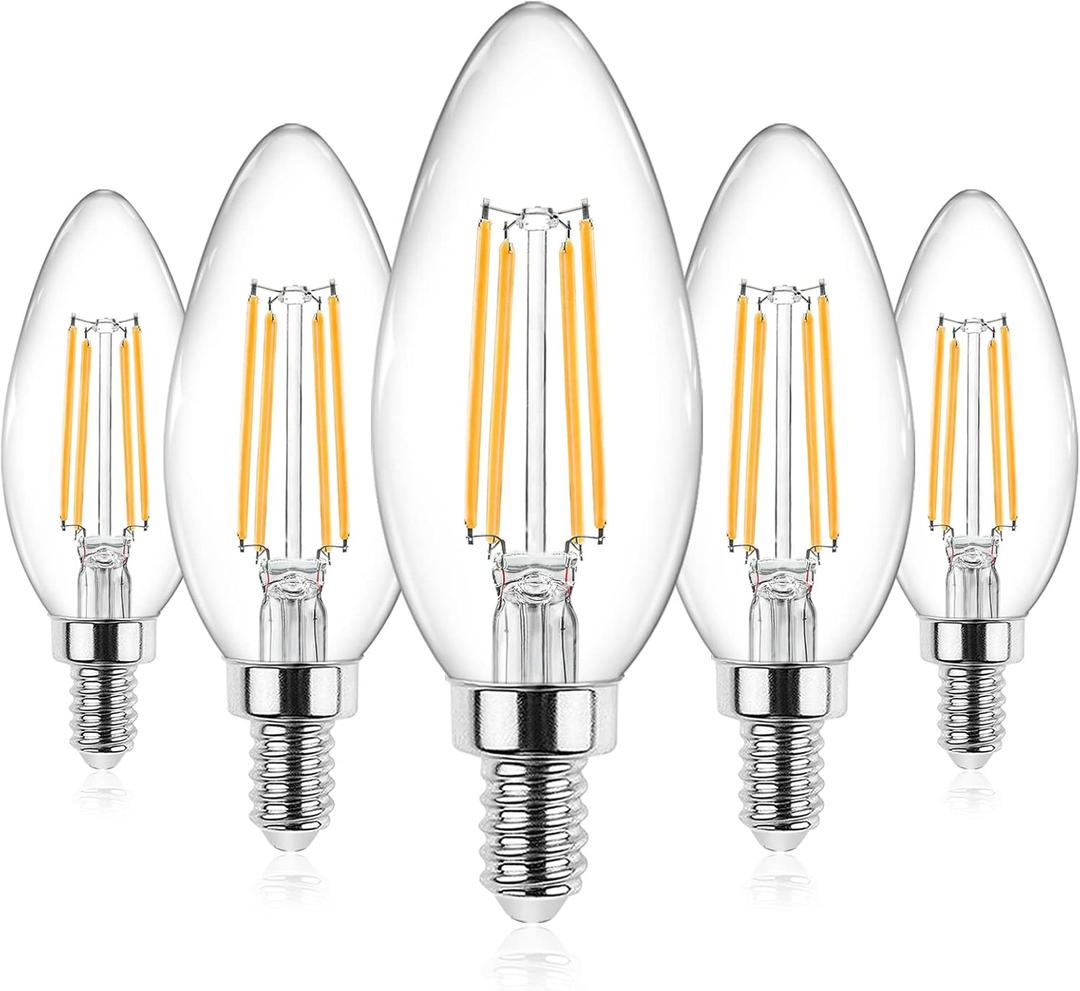 Ascher E12 Candelabra LED Light Bulbs 60 Watt Equivalent, Warm White 2700K, Non-Dimmable, 550 Lumen, Clear LED Filament Candle Bulbs, Pack of 5 (5 Count (Pack of 1), Warm White(60w))