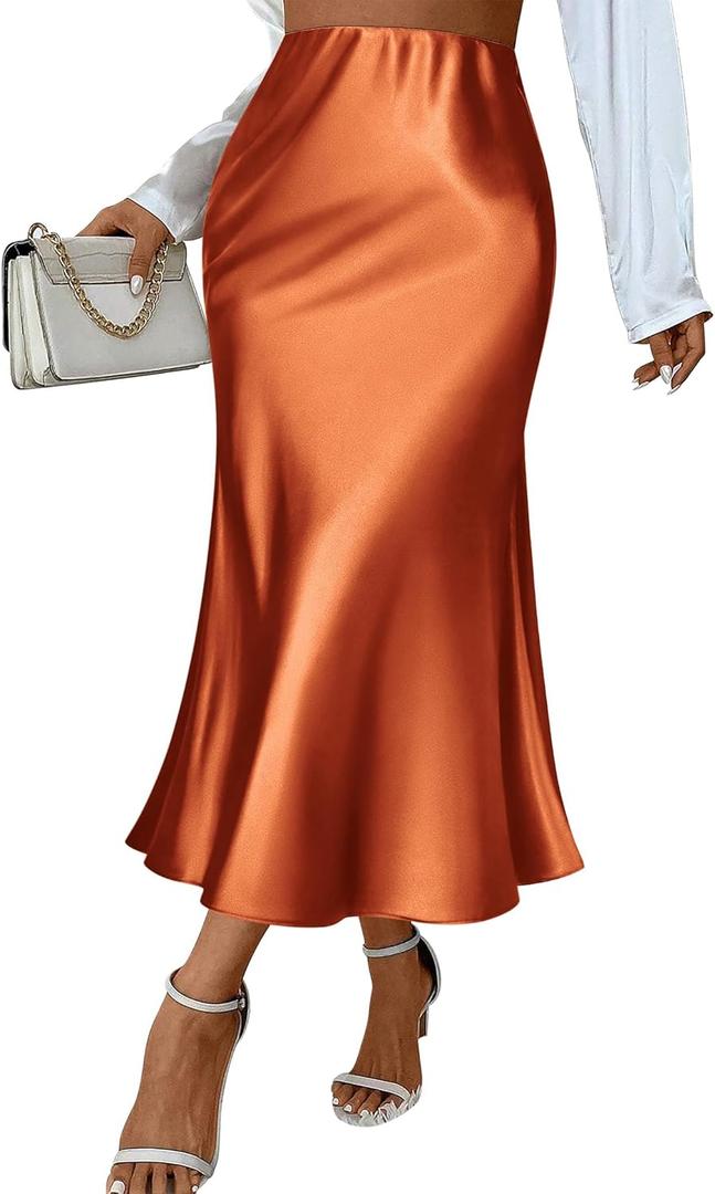 Zeagoo Womens Satin Skirt Thin High Waist Midi Skirt Flowy Silk Casual Skirts Mermaid Hem (Small, Caramel)