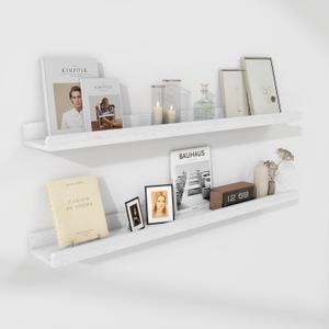 White Floating Shelves for Wall 36 Inch, Picture Ledge Shelf Set of 2, Solid Ash Wood Floating Shelves with Lip, Natural Wood Picture Shelf for Wall with Ledge, Photo Ledge Shelves