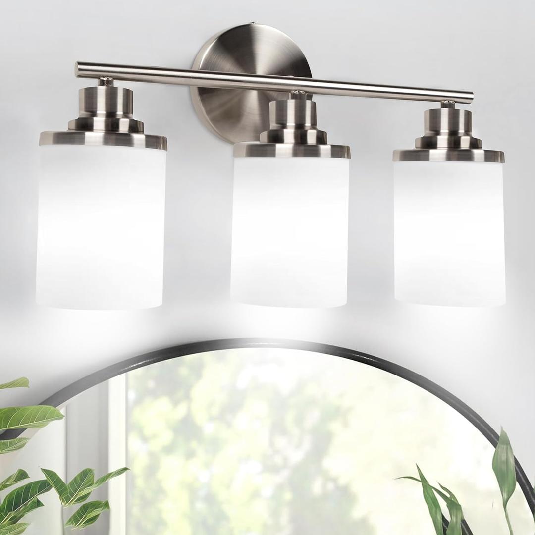 Holim Modern Brushed Nickel Bathroom Light Fixtures Over Mirror, 3-Light Vanity Lights for Bathroom, Vanity Light, Milky White Glass Shades, Wall Sconces, E26 Socket (Bulbs Not Included)