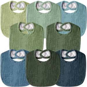 Muslin Baby Bibs for Unisex Boys Girls, Cotton Drool Bibs, Adjustable Newborn Bibs for Drooling and Teething (8 Pack-green)