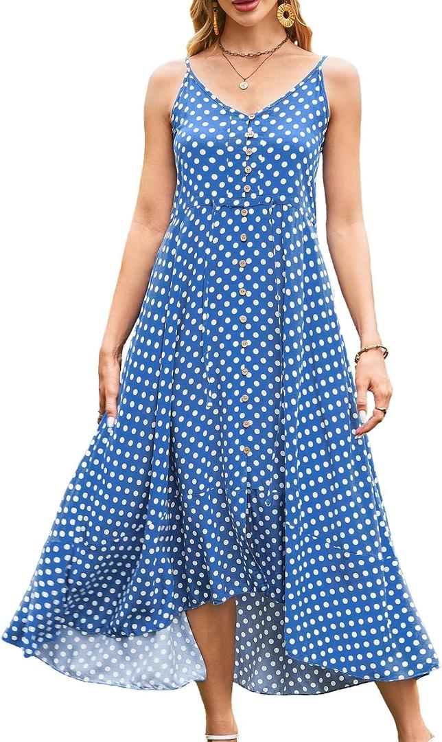 BROVAVE Women's 2026 Summer Casual Boho Sundress Polka Dot Spaghetti Strap V Neck Flowy Midi Dresses (Blue, S)