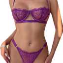 Dlsave Sexy Lingerie for Women Eyelash Lace Mesh Matching Bra and Panty Sets Push Up Lace Bralette 2 Piece Lingerie Set (Medium, Dark Purple)