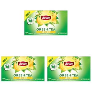 Lipton Lemon Green Tea Bags, Flavored, Unsweetened Teabags for Hot Tea or Iced Tea with Caffeine and Flavonoids, 20 Total Tea Bags (Pack of 6), Best Before: SEP/10/25