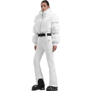 GSOU SNOW Women Ski Suit One Piece Snowsuit Snowboard Faux Fur Collar Slim Jumpsuit Jacket Insulated Windproof Outdoor Winter (Small, White Color)