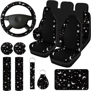 Yexiya 15 Pcs Moon and Star Car Seat Covers Print Car Accessories Full Set for Women Men Set Steering Wheel Cover Armrest Pad Seat Belt Pads Wrist Keychain Auto Interior Decor(Moon, Star)