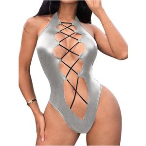 OYOANGLE Women's PU Leather Criss Cross Lingerie Halter Bodysuit Cut Out Backless Rave Body Suits, M