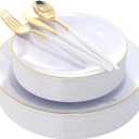 DaYammi 30 Guests Gold Plastic Plates with Disposable Silverware,Gold Cutlery with White Handle,White Disposable Dinnerware:60 Dinner/Dessert Plates,90 Plastic Silverware Set,Gold Plate for Party