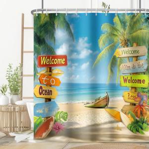 Tropical Beach Shower Curtain for Bathroom Palm Trees Coastal Nautical Seaside Ocean Shower Curtain Fabric Waterproof with 12 Hooks 72 x 72 Inch