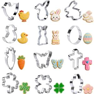 Crethinkaty Mini Easter Cookie Cutter Set,12 Pcs Shamrock Cookie Cutters Stainless Steel Clover Bunny Shape