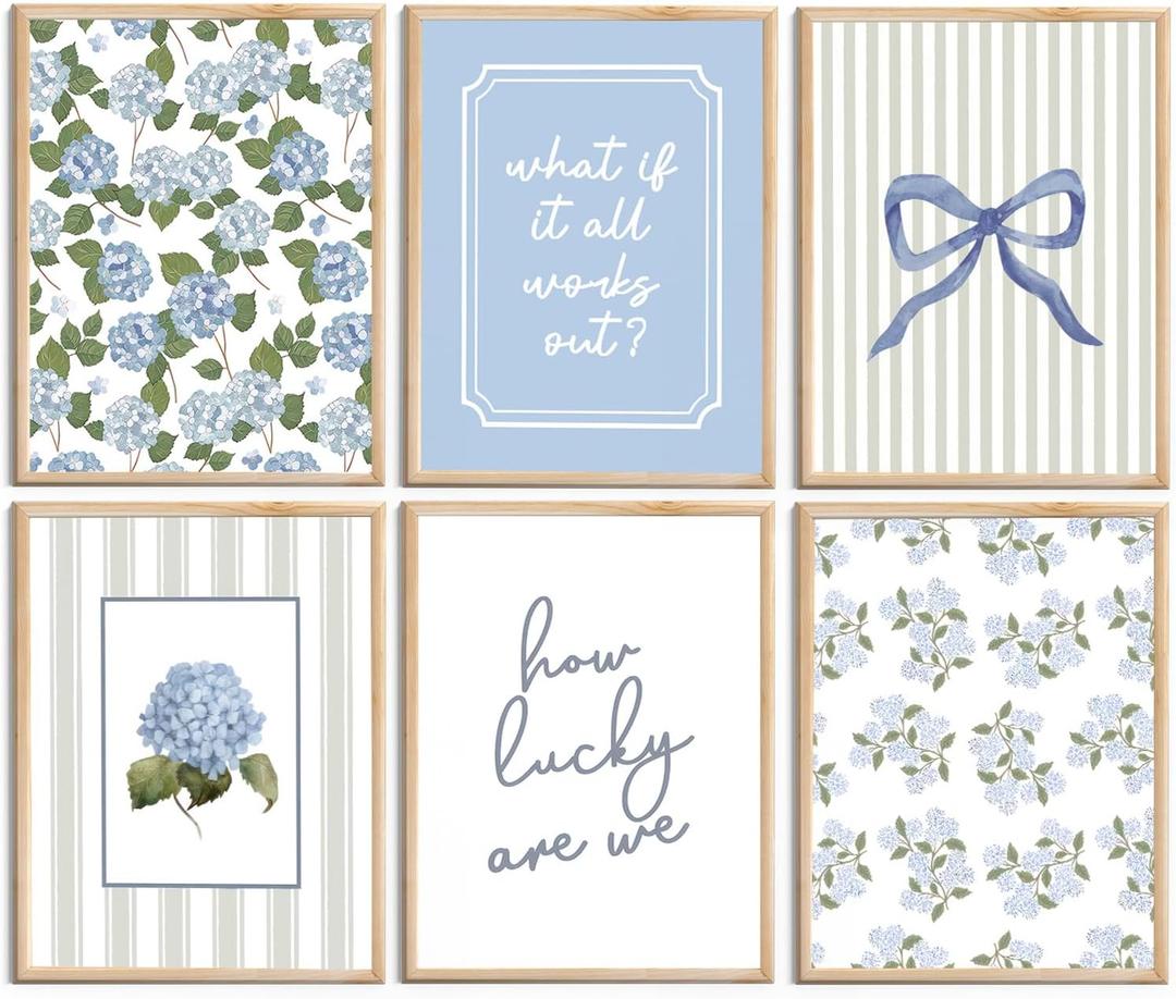 6 Pcs Blue Hydrangea Bow Canvas Wall Art How Lucky Are We Poster Prints Trendy Striped Coquette Paintings Pictures Sage Green Coastal Preppy Aesthetic Wall Decor for Girl Room Bedroom Living Room Office Dorm Apartment 8x10 Inch Unframed