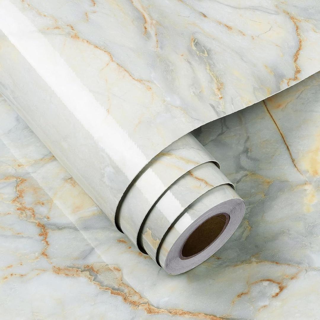 FunStick 24"x200" Glossy Blue Gold Marble Countertop Contact Paper Waterproof Marble Wallpaper Peel and Stick Countertops for Kitchen Wallpaper Self Adhesive Vinyl Marble Wall Paper for Table Walls