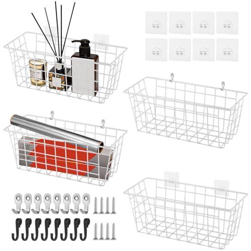 3PCS Hanging Wall Basket Wire Storage Baskets, White Wire Basket for Cabinet Door Organizer with 8 Hooks, Wall Mounted Shelf for Kitchen, Garage and Bathroom