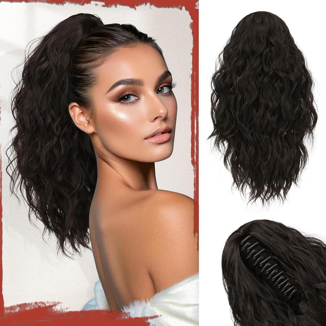 SOFEIYAN Ponytail Extension, 16 inch Claw Clip Ponytail Extension Wavy Curly Ponytails Synthetic Pony Tails Hair Extensions Natural Fake Hairpiece for Women - Dark Brow