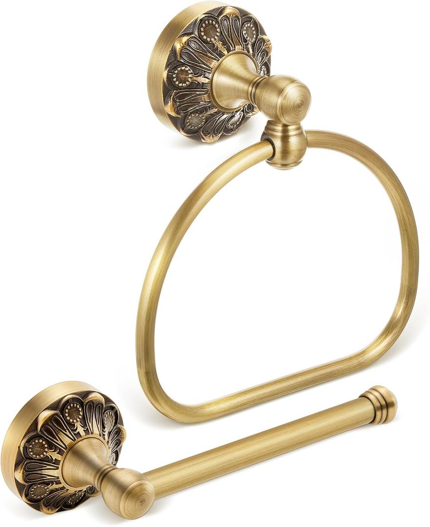 2 Pieces Set Antique Brass Toilet Paper Holder Retro Brass Hand Towel Ring Tissue Roll Paper Hanger Bathroom Hardware Wall Mounted Vintage Bathroom Accessories (Semi Circular)