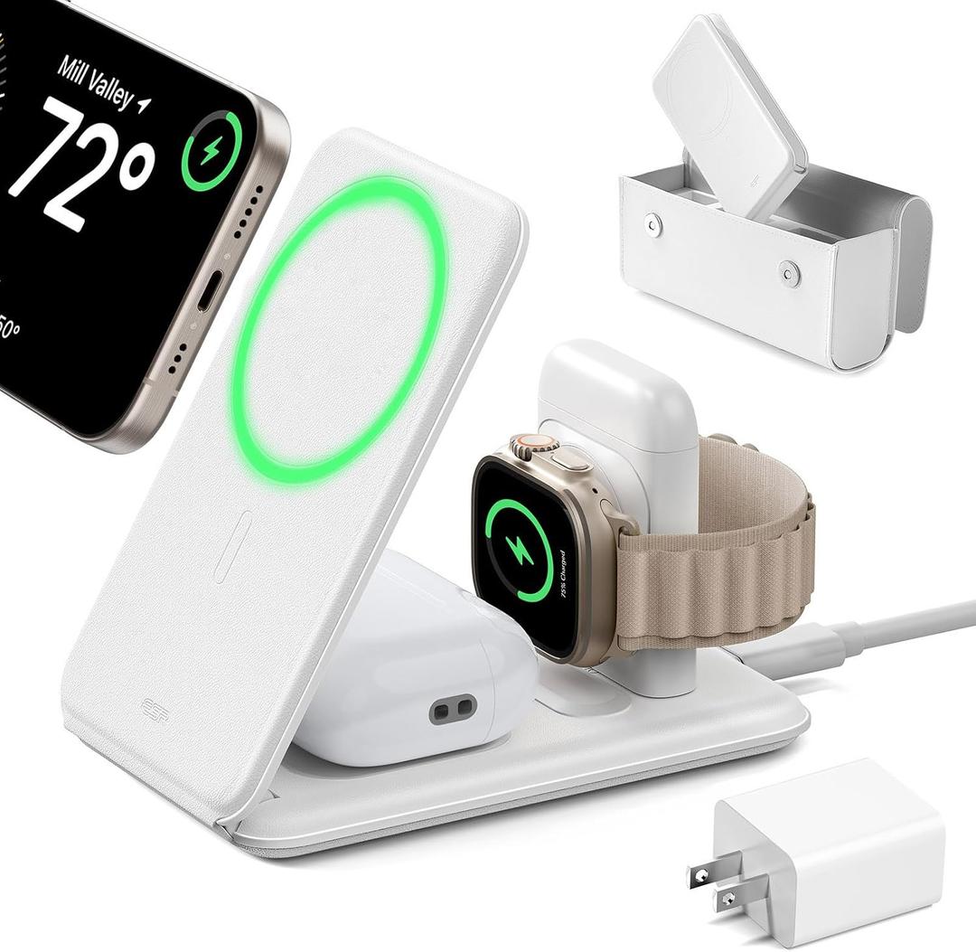 ESR 3 in 1 Charging Station for Apple, 15W MagSafe Charger Stand, MagSafe Travel Charger for iPhone 17/16/15/14/13/12 Series, Watch, AirPods, White (Bag Included)