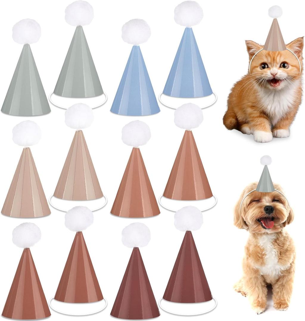 48Pcs Mini Boho Birthday Party Hats for Stuffed Animals 3Inch Adjustable Cone Caps with DIY Pom Poms Colorful Neutral Mini Party Hats Pets Dolls Kids Small Boho Birthday Decorations Kit for Holidays