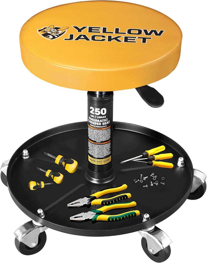 YELLOW JACKET Rolling Mechanic Stool with Wheels Pneumatic Garage Shop Seat Adjustable Height Roller Mechanics Creeper Chair with Tool Tray for Auto Repair