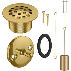 Tub Drain Linkage Assembly with Trip Lever and Strainer Done Cover, Trip Lever Overflow Faceplate Trim Kit with Screws, Fit for Trip Lever Bath Tub Waste and Overflow Drain(Brushed Gold)