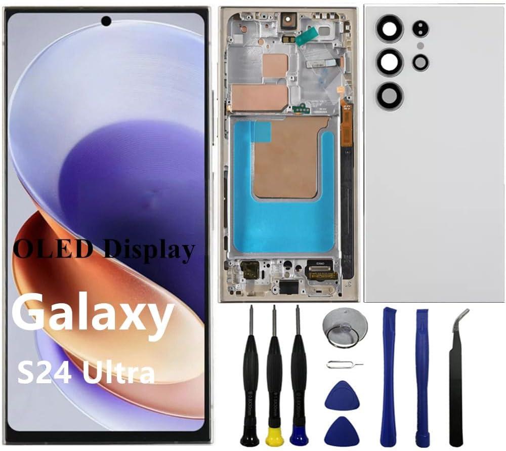 OLED for Samsung Galaxy S24ultra 5G S928U S928U1 S928E LCD Display Touch Screen Digitizer Assembly S24 Ultra Screen Replacement Support Fingerprint+S-Pen (with Grey Frame+Back Cover+Tools)