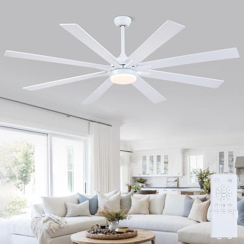 Kviflon 72 Inch Large Ceiling Fans with Lights and Remote, Indoor/Outdoor White Modern Industrial Ceiling Fan with Light for Living Room Patios Porch, Reversible Quiet Motor, 8 Dual Finish Blades