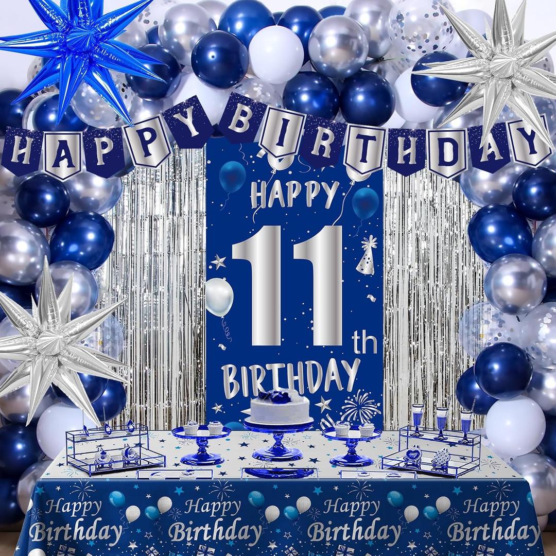 11th Birthday Decorations for Boys Girls, Blue Silver Happy 11th Birthday Boy Decoration, 11 Year Old Party Banner Balloons Decorations Tablecloth Foil Backdrop Star Balloons 11th Bady Decor for Kids