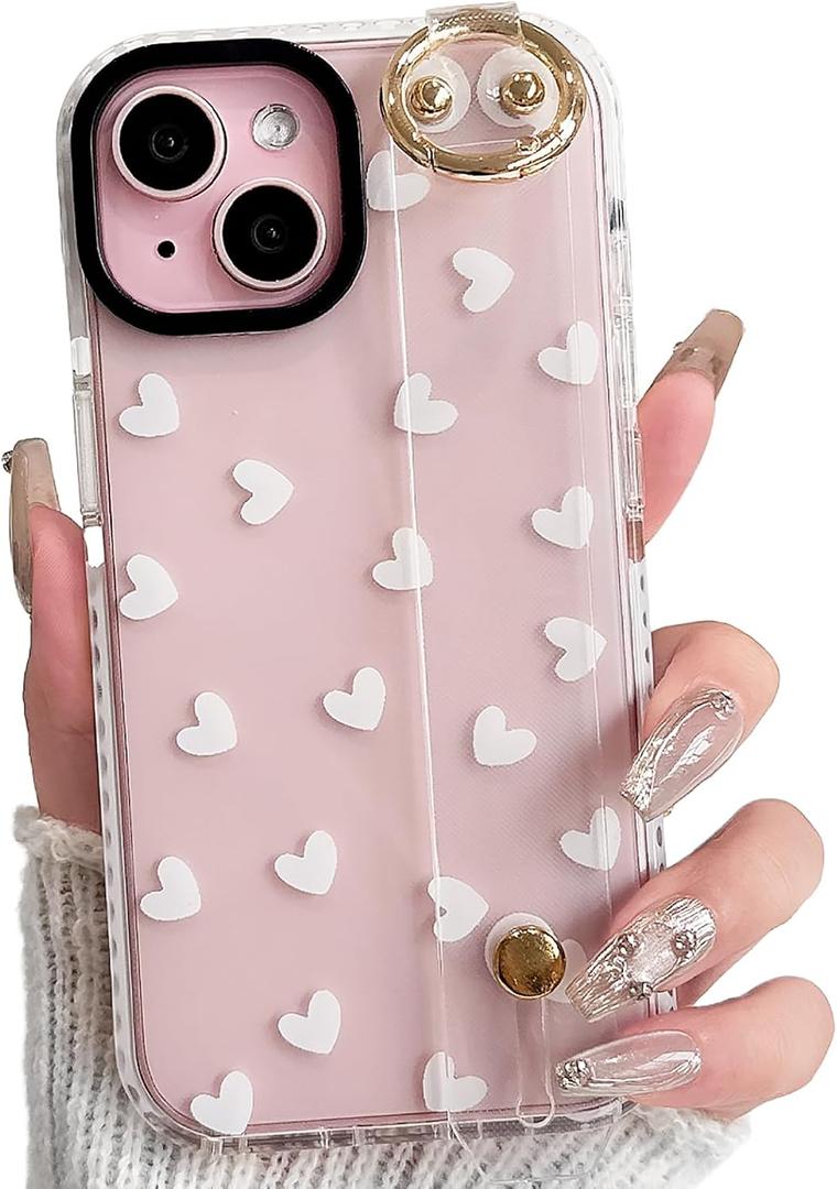 NITITOP Compatible with iPhone 15 Case Clear Cute Pattern Design for Women Girls with Wrist Adjustable Hand Strap Kickstand Grip Holder Soft TPU Slim Protective Phone Cover - Love Hearts