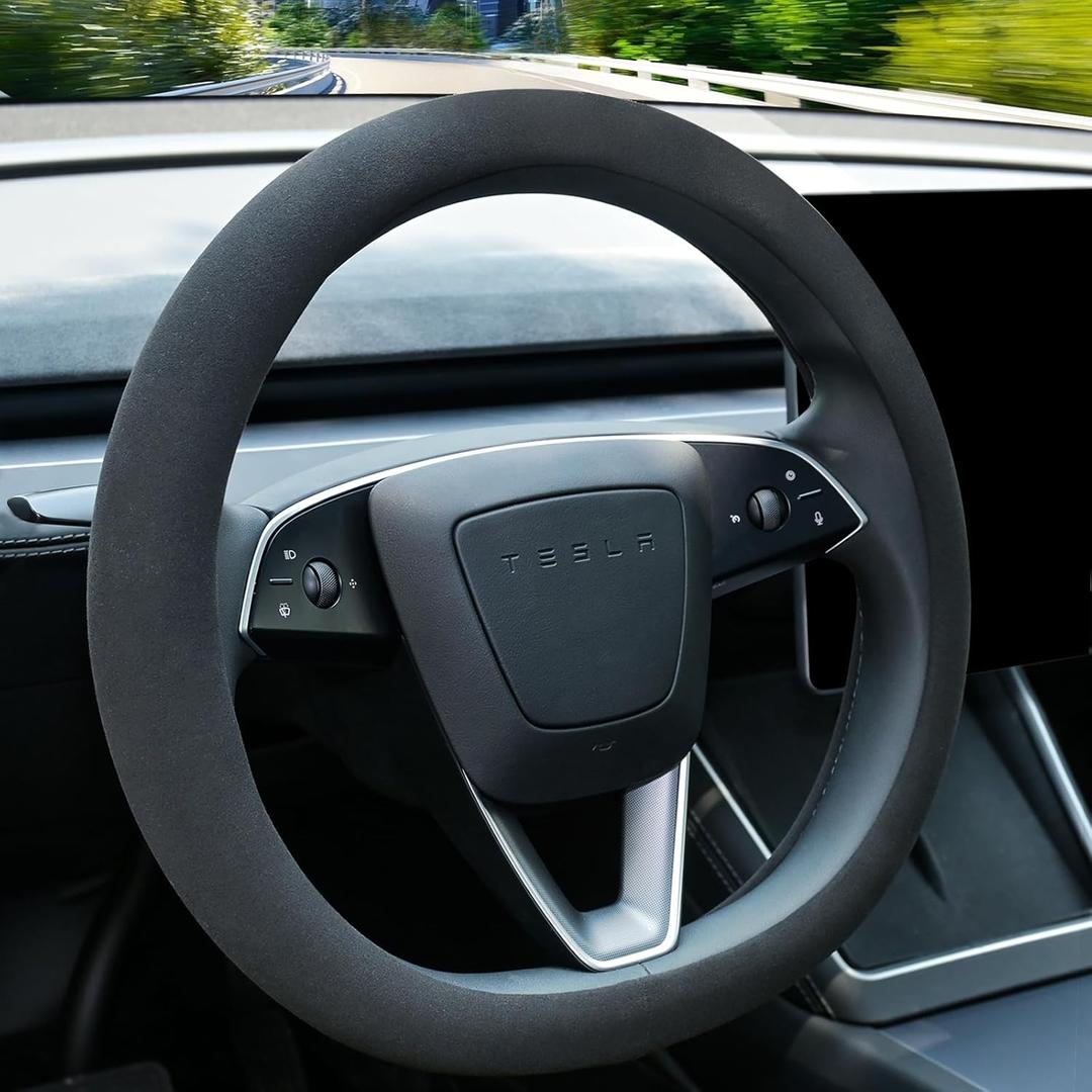 Suede Steering Wheel Cover for Tesla Model 3/Y 2016-2025 2026 Juniper/Highland, Non-Slip Breathable Tesla Model 3/Y Steering Wheel Protector, Black