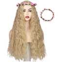 ColorGround Long Blonde Fluffy Cosplay Wig with Pink Flower Headband for Women
