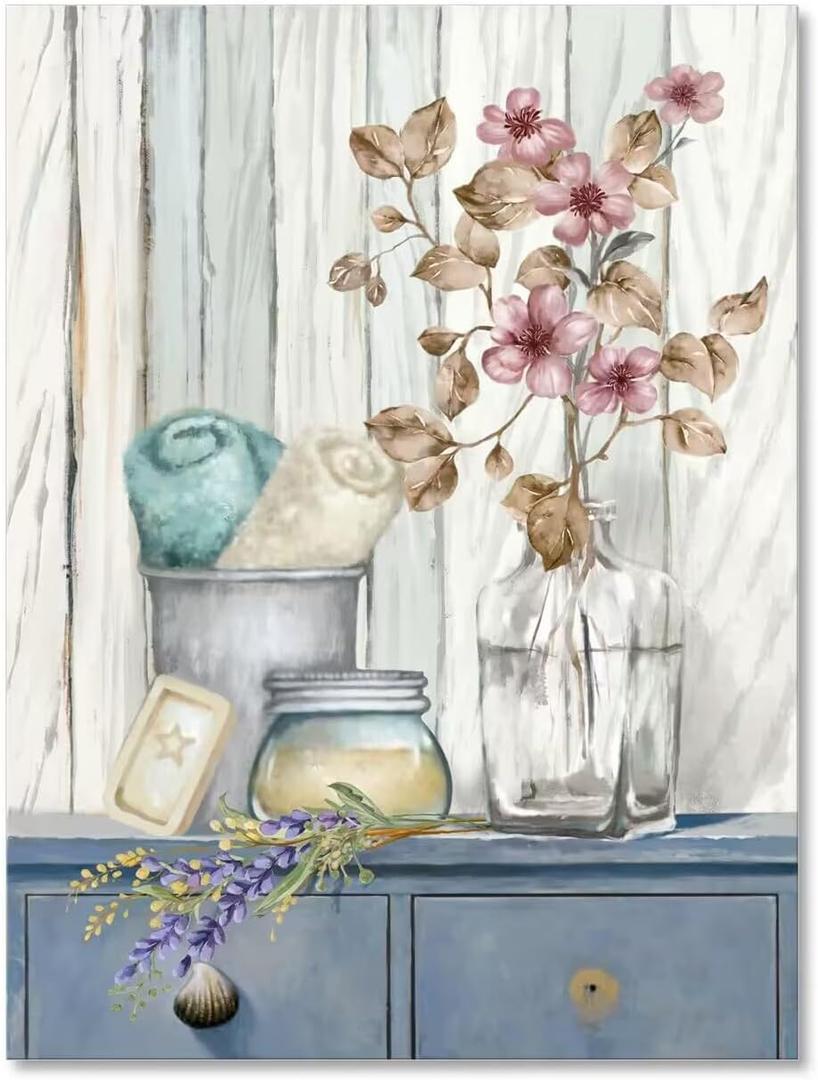 Bathroom Decor Wall Art Farmhouse Flower Pictures Laundry Room Bathroom Wall Decor Pink Poppy Vase Canvas Prints Blue White Painting Framed Artwork (16L" x 12W", F003)