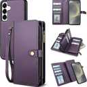 TwoHead for Samsung Galaxy S24 Wallet Case with Card Holder,Detachable Magnetic Phone Case for Galaxy S24,PU Leather Shockproof Protective Phone Cover Wallet with Wrist Strap(6.1 in,Deep Purple)