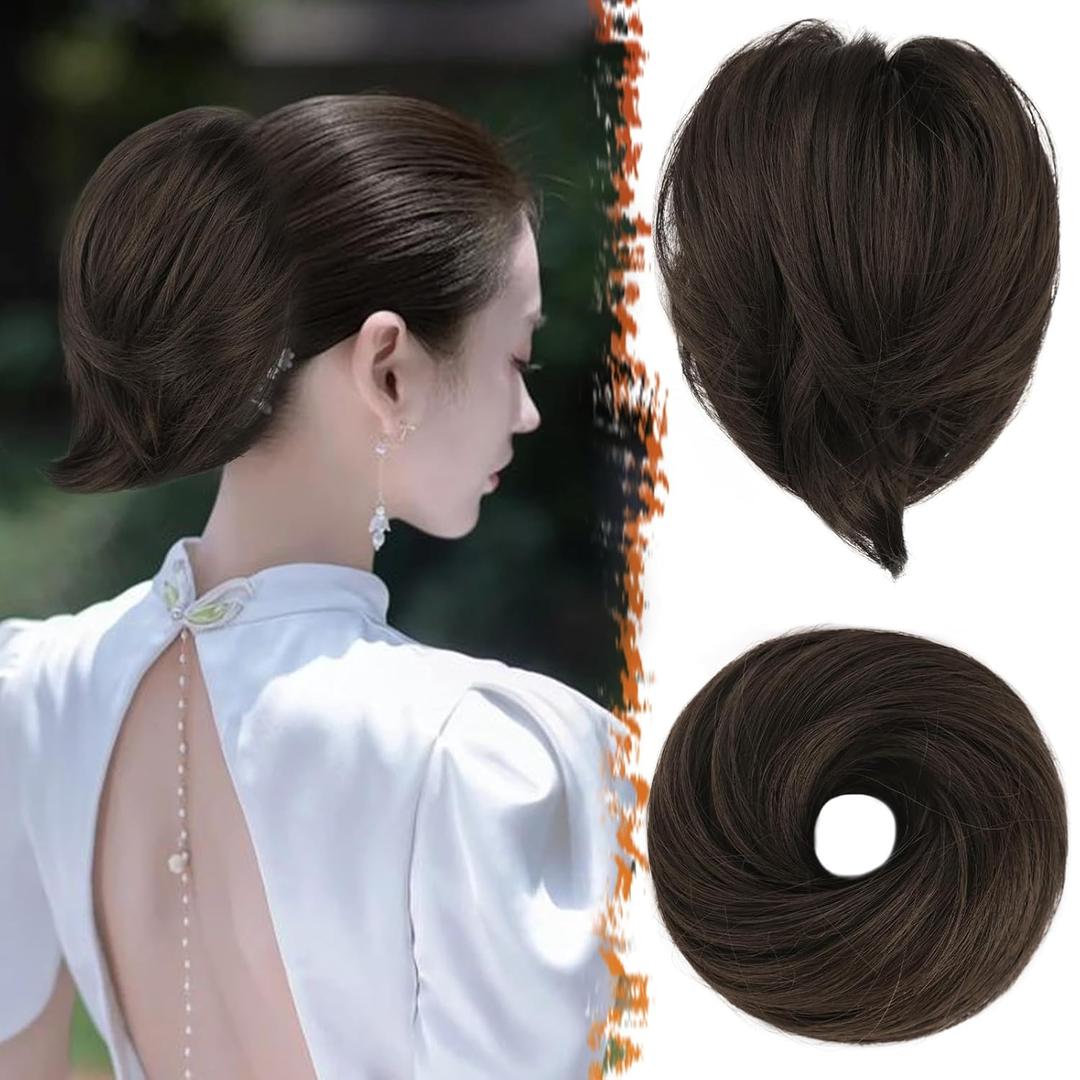 BARSDAR Straight Brown Hair Bun Extension - Synthetic Elastic Messy Ponytail Scrunchie for Women - Short Daily Hairpiece - Dark Brown Mixed (1 Count - Elastic)