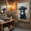 Funny Highland Cow Bathroom Canvas Wall Art Cute Black Cow Baby Animal Picture Wall Decor Vintage Rustic Farmhouse Home Poster Print Painting for Bathroom Toilet Restroom Washroom Decoration, 24"L x 16"W-Canvas