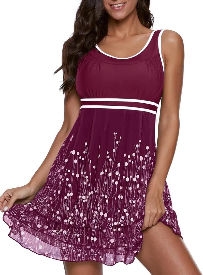 ReachMe Womens Plus Size Swimsuit Two Piece Tankini Bathing Suits with Boy Shorts Tummy Control Modest Swim Dresses (Red, XL)