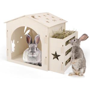 Extra Large Rabbit House & Rabbit Hay Feeder, Indoor Bunny Castle with Feeder, Small Animal Houses & Habitats and Guinea Pig Hay Feeder (Medium)
