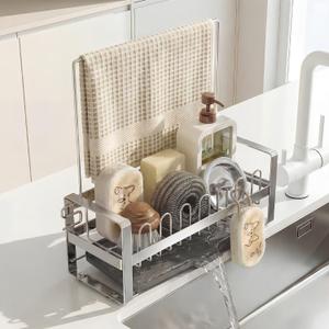 Sponge Holder for Kitchen Sink,Suction Cup 304 Stainless Steel Sink Caddy with Dishcloth Holder, Self Drain Tray Sink Oragnizer for Countertop, Soap Dispenser Storage