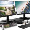 The Original Bamboo Dual Monitor Stand (As Seen On PBS) - 42 Inch Large Monitor Riser for Computer Screens, Laptop or TV - Desk Shelf Adds Storage Space and Improves Ergonomics - Black