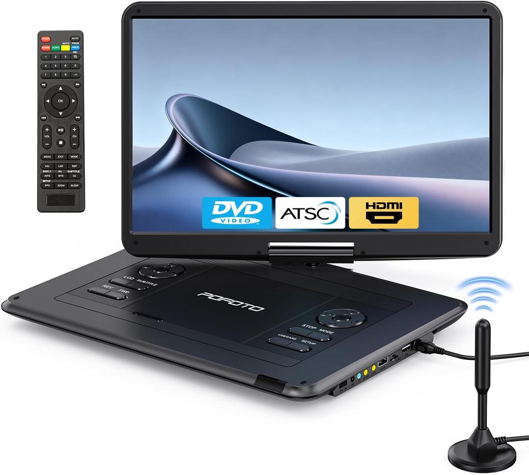 POFOTO 17.5" Portable TV/DVD Player with 15.6" HD Swivel Screen, Built-in ATSC Tuner & FM, Rechargeable Battery, Supports HDMI in/USB/Micro SD/AV Out, Multi-Disc Formats, Black