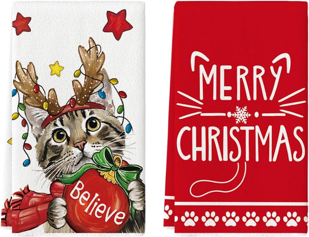Artoid Mode Red Cat Merry Christmas Kitchen Towels Dish Towels, 18x26 Inch Star Xmas Ball Believe Daily Winter Decoration Hand Towels Set of 2