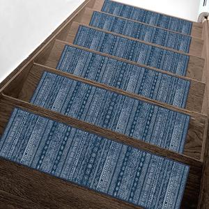 sarben Carpet Stair Treads Non Slip 15PCS, 8" X 30"Edging Stair Runner for Wooden Steps Indoor, Resistant Stair Rugs with Reusable TPE Adhesive Backing, Residue Free Mat for Kids, Elders, Pets, Indigo