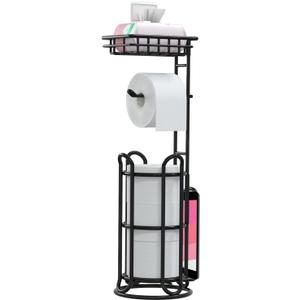 [Upgrade] Toilet Paper Holder Stand with Shelf Tissue Holders for Bathroom Free Standing Bath Tissue Roll Holder Magazine Rack for Mega Rolls/Phone/Wipe-Black